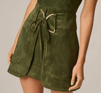 Microsuede Cowl Neck Tie Front Mini Dress - Olive | Adrianna Papell