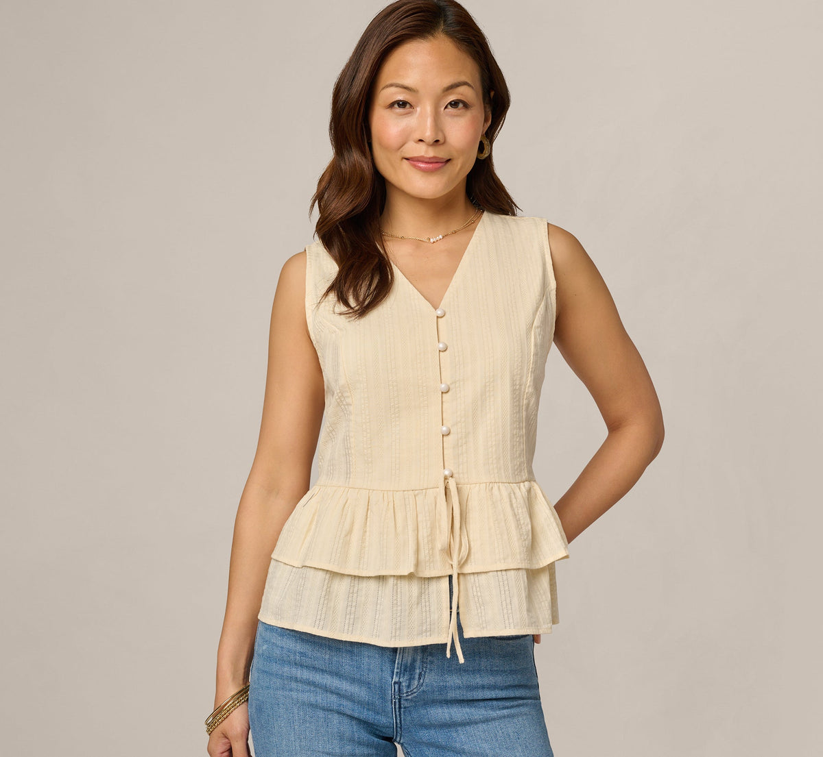 Textured Cotton Ruffle Vest Top - Cream | Adrianna Papell
