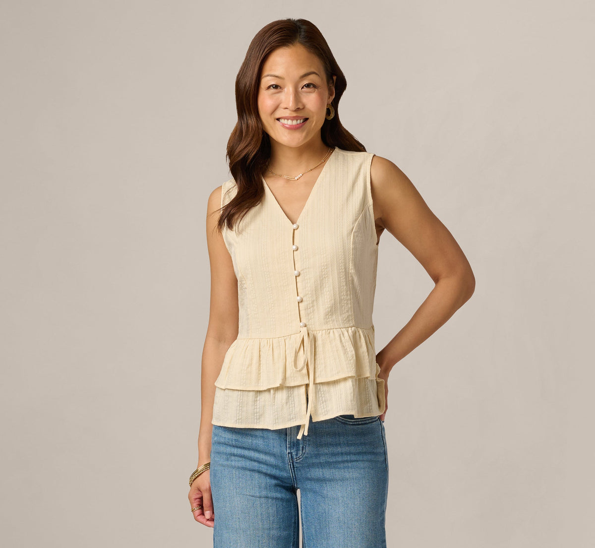 Textured Cotton Ruffle Vest Top - Cream | Adrianna Papell