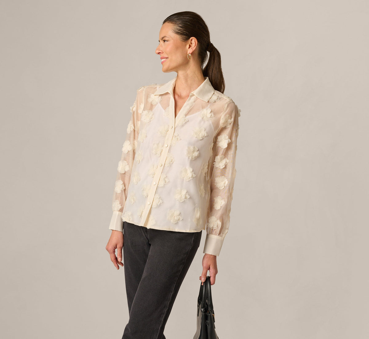 Long Sleeve Sheer 3D Floral Petal Blouse - Cream Frosting | Adrianna Papell