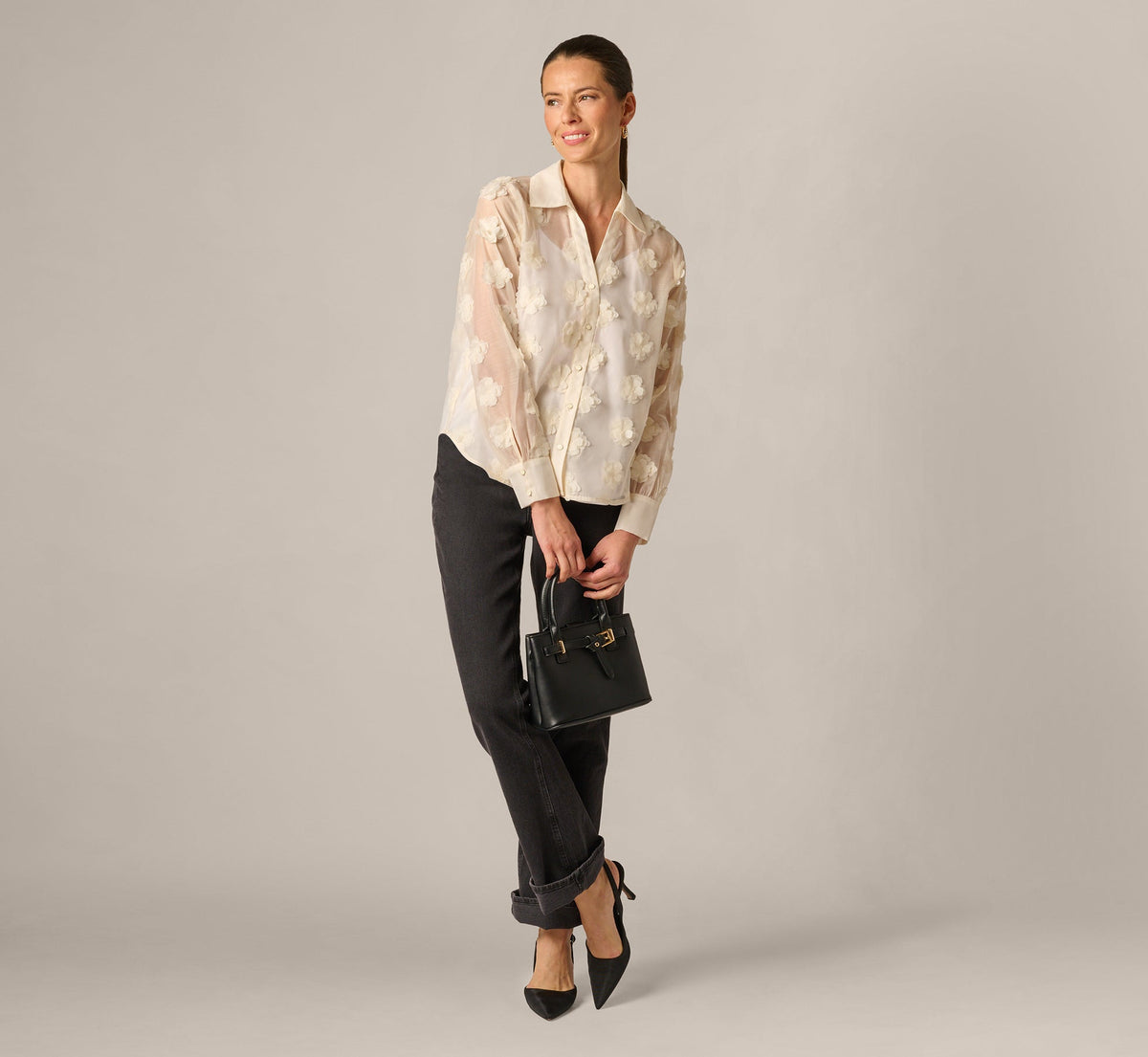 Long Sleeve Sheer 3D Floral Petal Blouse - Cream Frosting | Adrianna Papell