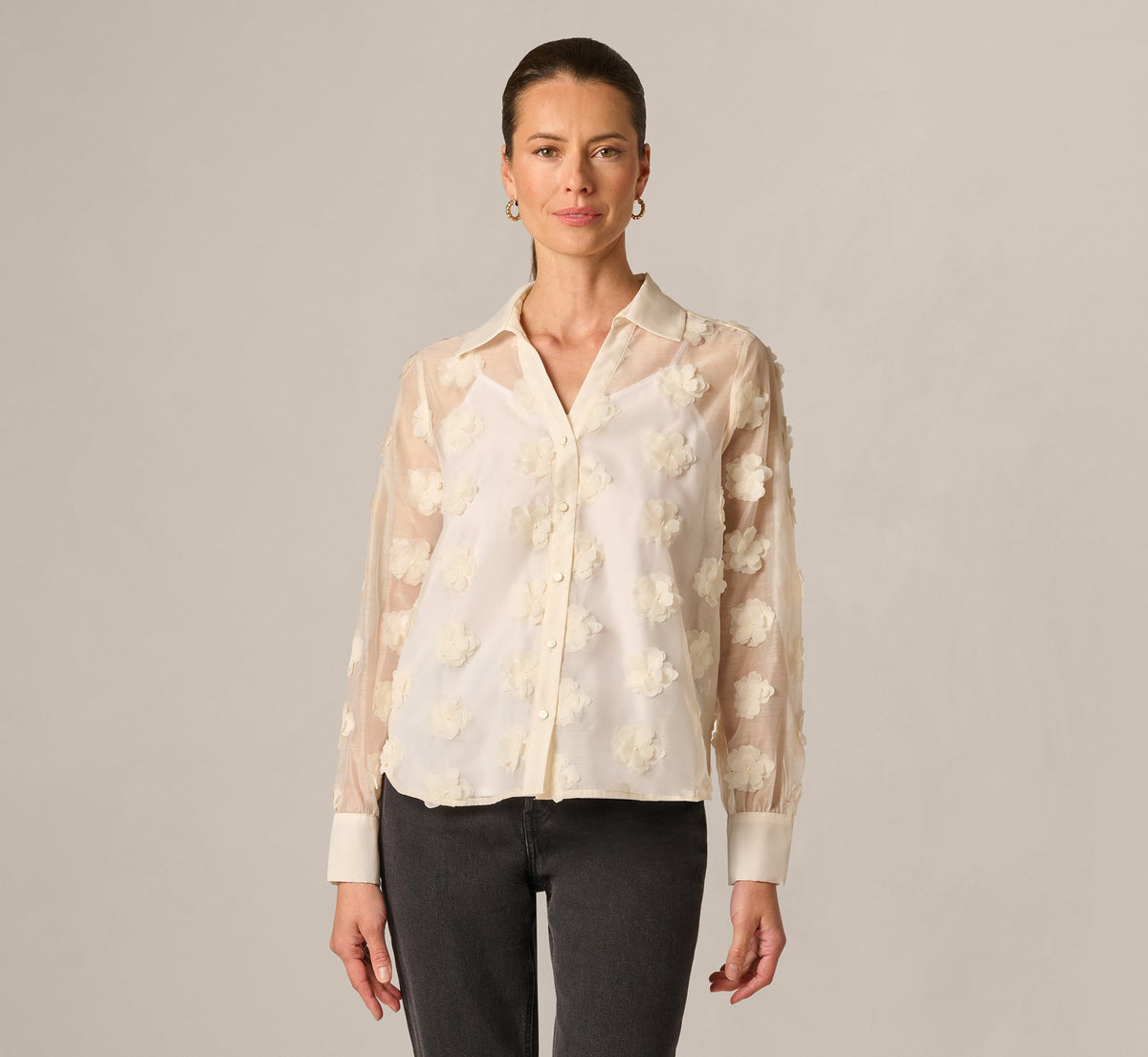 Long Sleeve Sheer 3D Floral Petal Blouse - Cream Frosting | Adrianna Papell