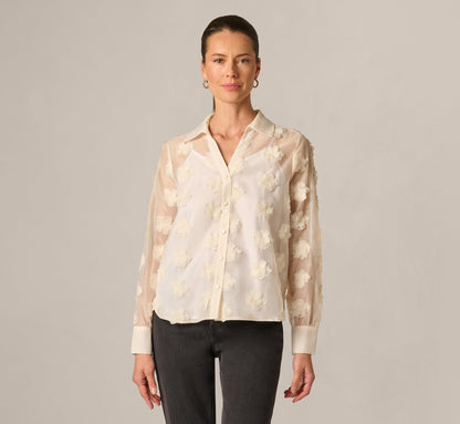 Long Sleeve Sheer 3D Floral Petal Blouse - Cream Frosting | Adrianna Papell