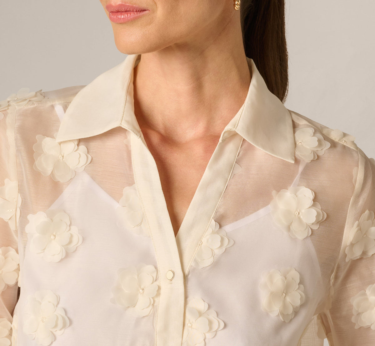 Long Sleeve Sheer 3D Floral Petal Blouse - Cream Frosting | Adrianna Papell