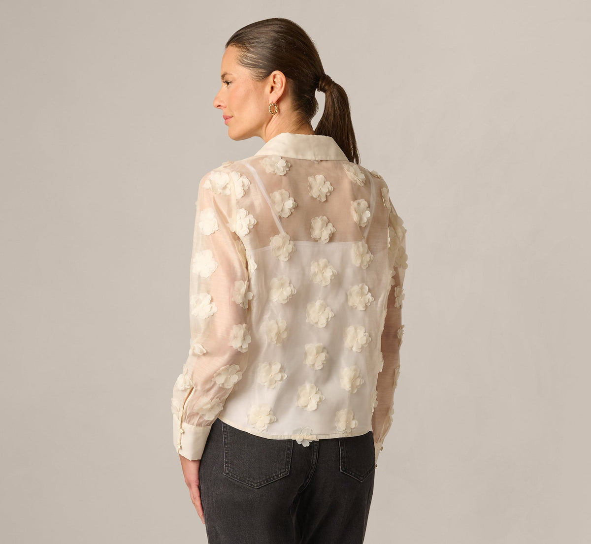 Long Sleeve Sheer 3D Floral Petal Blouse - Cream Frosting | Adrianna Papell