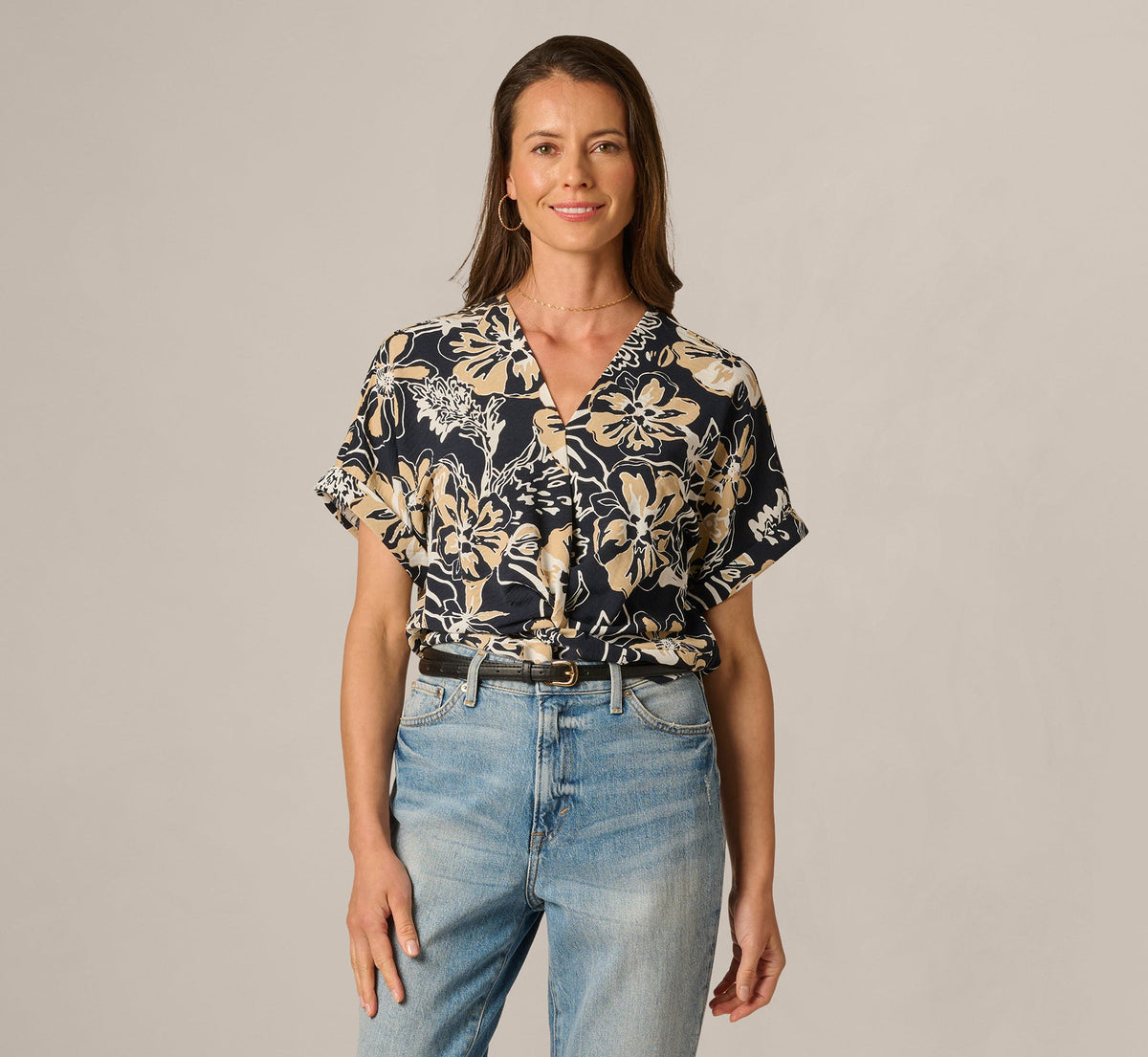 Short Sleeve Open Twist Front Top - Navy Ivory Whimsical Floral | Adrianna Papell