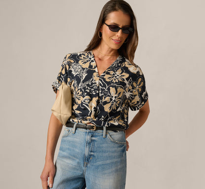 Short Sleeve Open Twist Front Top - Navy Ivory Whimsical Floral | Adrianna Papell