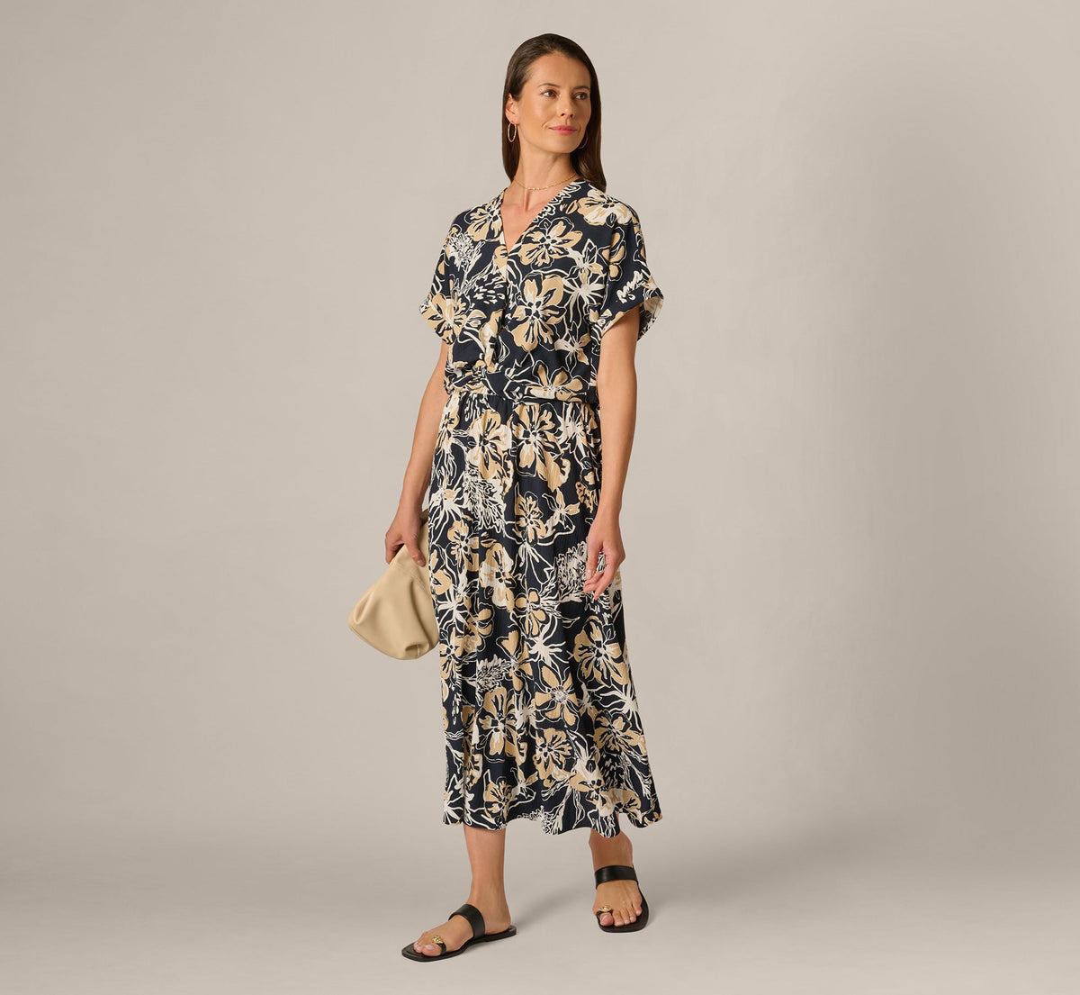 Short Sleeve Open Twist Front Top - Navy Ivory Whimsical Floral | Adrianna Papell