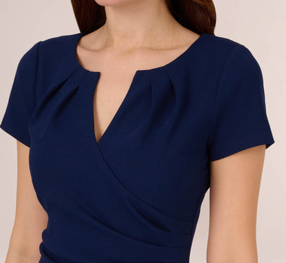 Short Sleeve Draped Midi Dress With Notched Neckline - Navy Sateen | Adrianna Papell