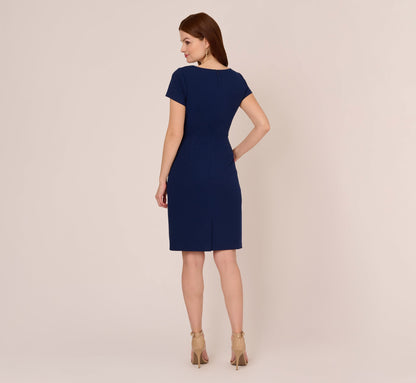 Short Sleeve Draped Midi Dress With Notched Neckline - Navy Sateen | Adrianna Papell