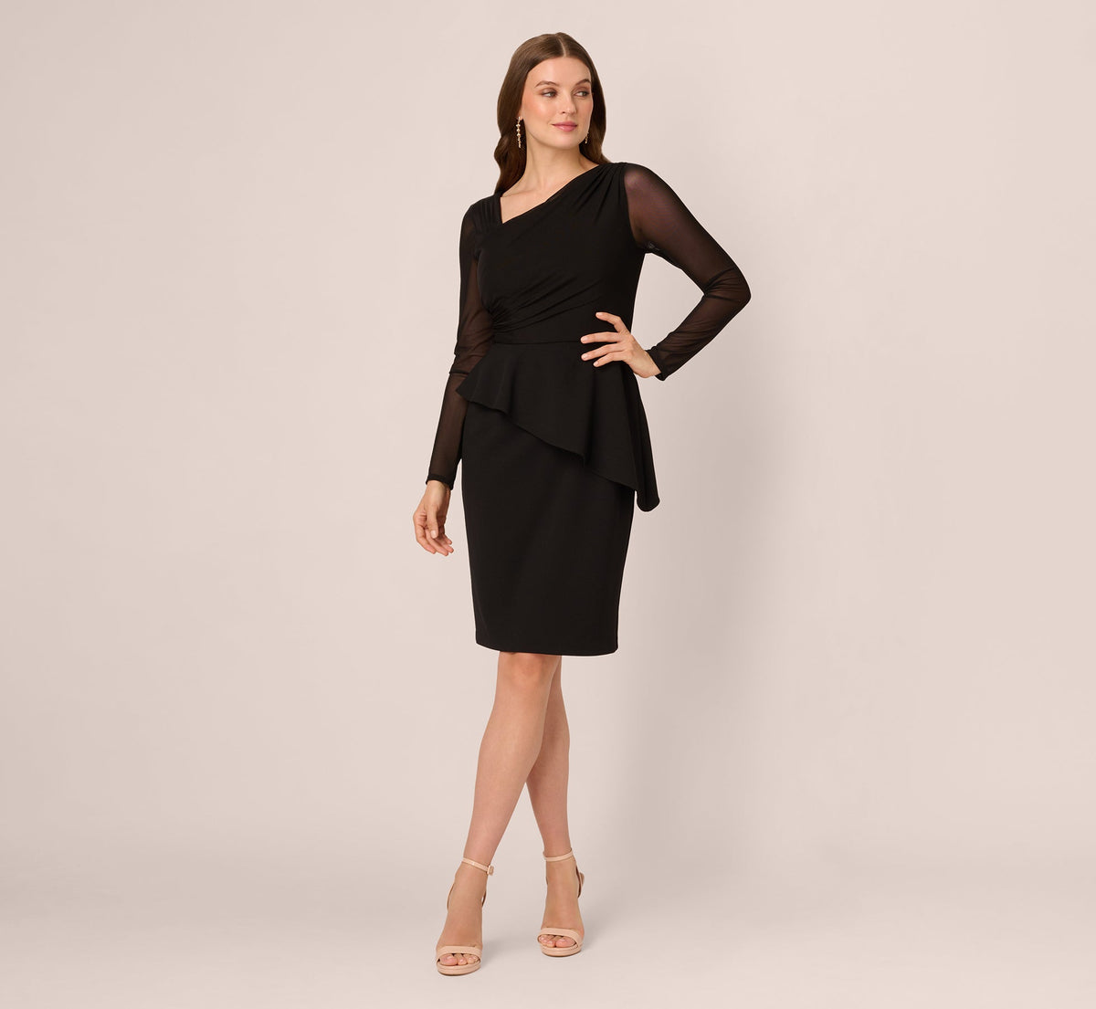 Long Sleeve Asymmetrical Peplum Sheath Dress - Black | Adrianna Papell