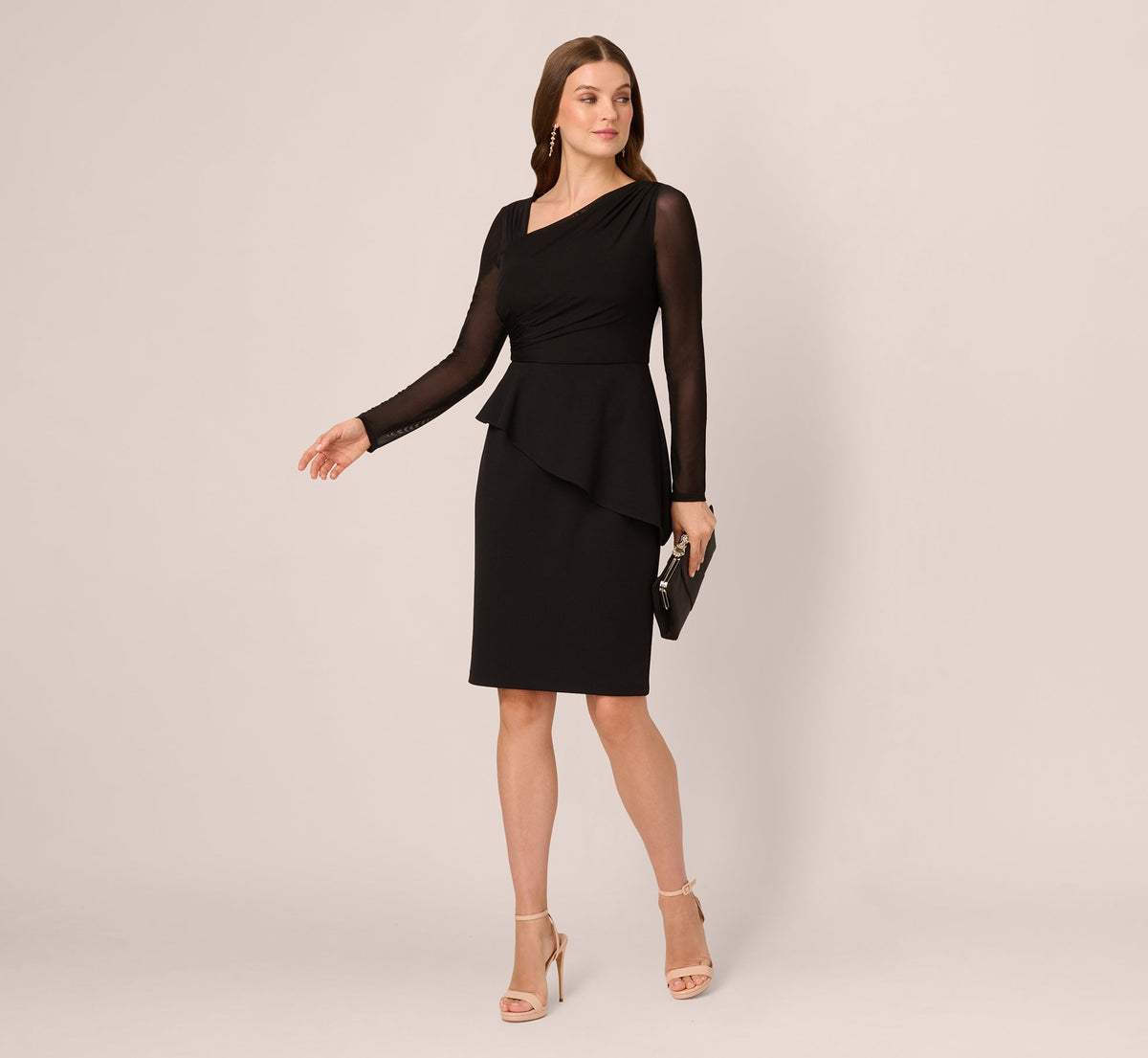 Long Sleeve Asymmetrical Peplum Sheath Dress - Black | Adrianna Papell