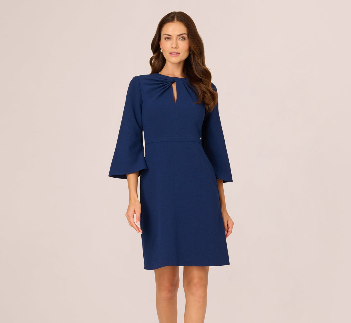 Bell Sleeve Stretch Crepe Keyhole Sheath Dress - Navy Sateen | Adrianna Papell