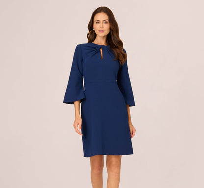 Bell Sleeve Stretch Crepe Keyhole Sheath Dress - Navy Sateen | Adrianna Papell