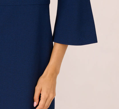 Bell Sleeve Stretch Crepe Keyhole Sheath Dress - Navy Sateen | Adrianna Papell