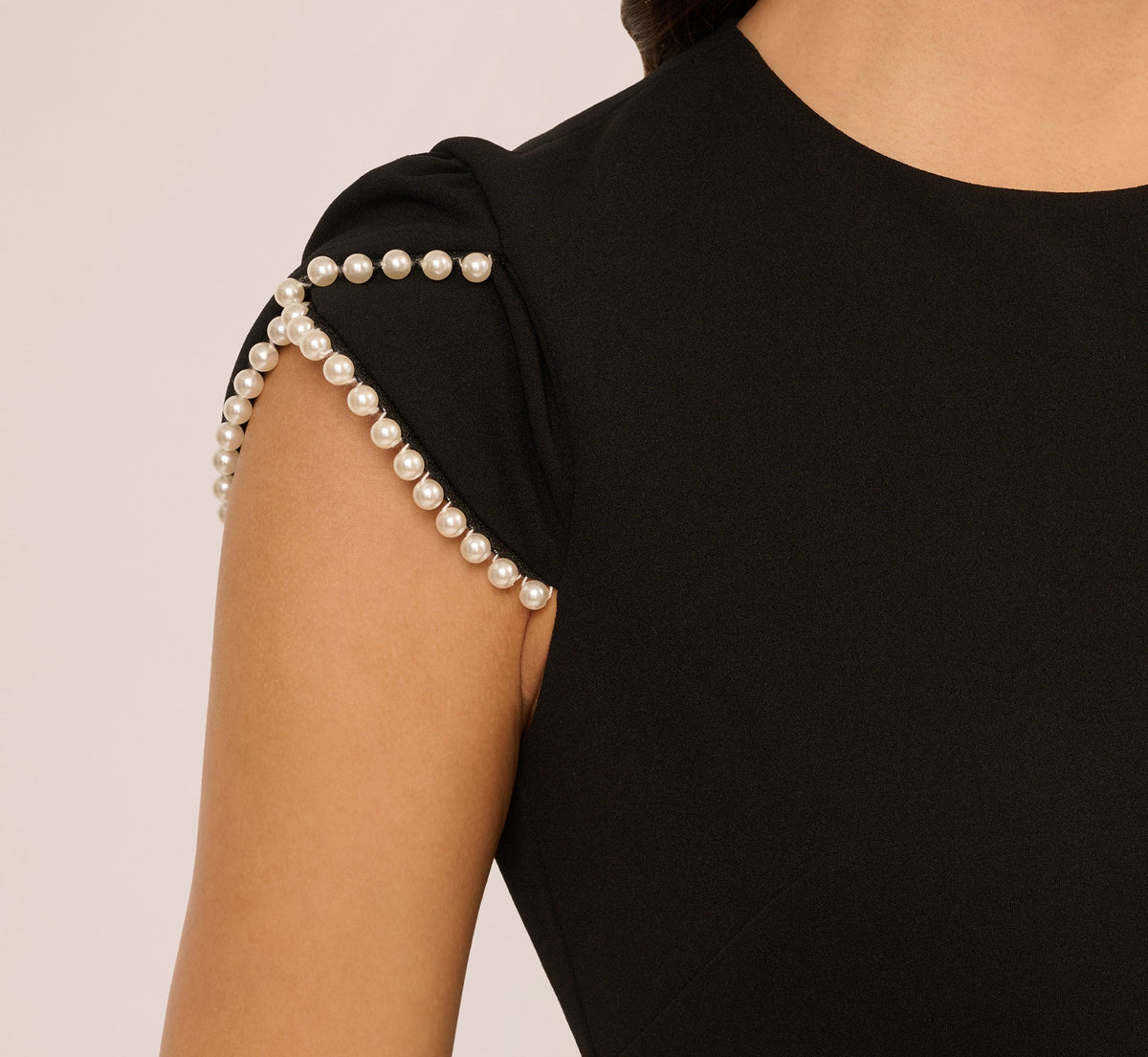 Cap Sleeve Pearly Trim Sheath Dress - Black Ivory | Adrianna Papell
