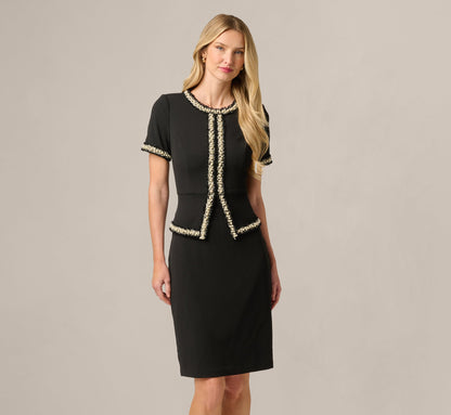 Short Sleeve Pearly Trim Peplum Stretch Sheath Dress - Black | Adrianna Papell