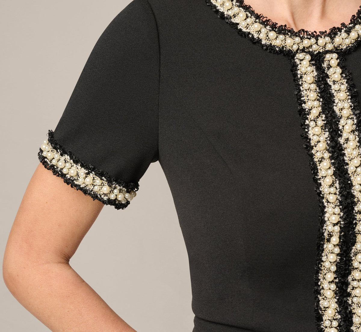 Short Sleeve Pearly Trim Peplum Stretch Sheath Dress - Black | Adrianna Papell