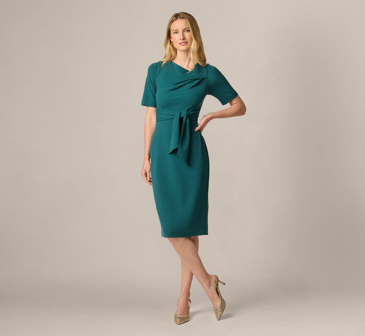 Short Sleeve Asymmetrical Tie Front Stretch Sheath Dress - Hunter | Adrianna Papell