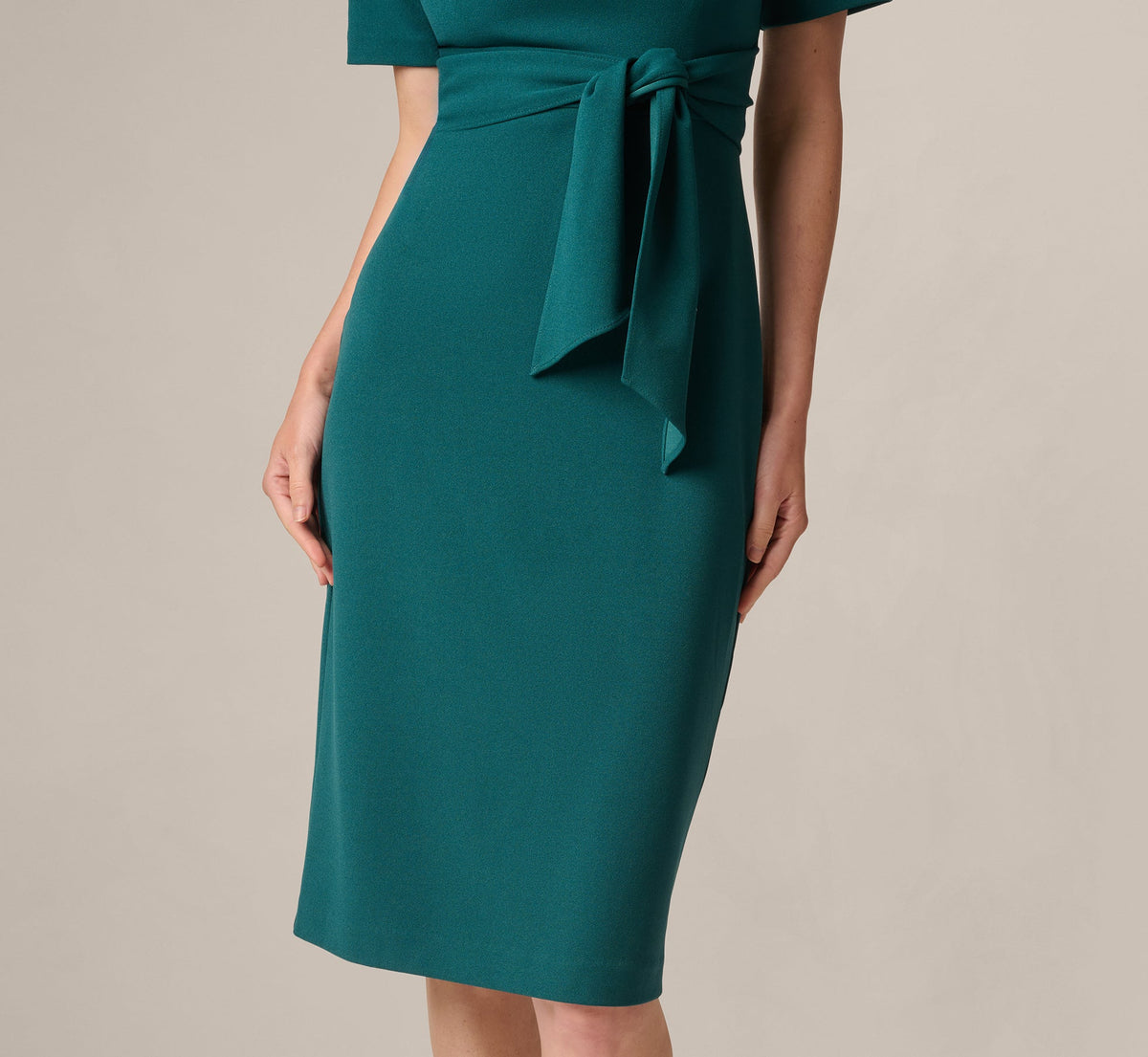 Short Sleeve Asymmetrical Tie Front Stretch Sheath Dress - Hunter | Adrianna Papell