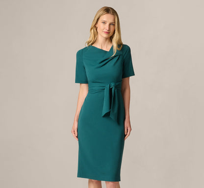 Short Sleeve Asymmetrical Tie Front Stretch Sheath Dress - Hunter | Adrianna Papell