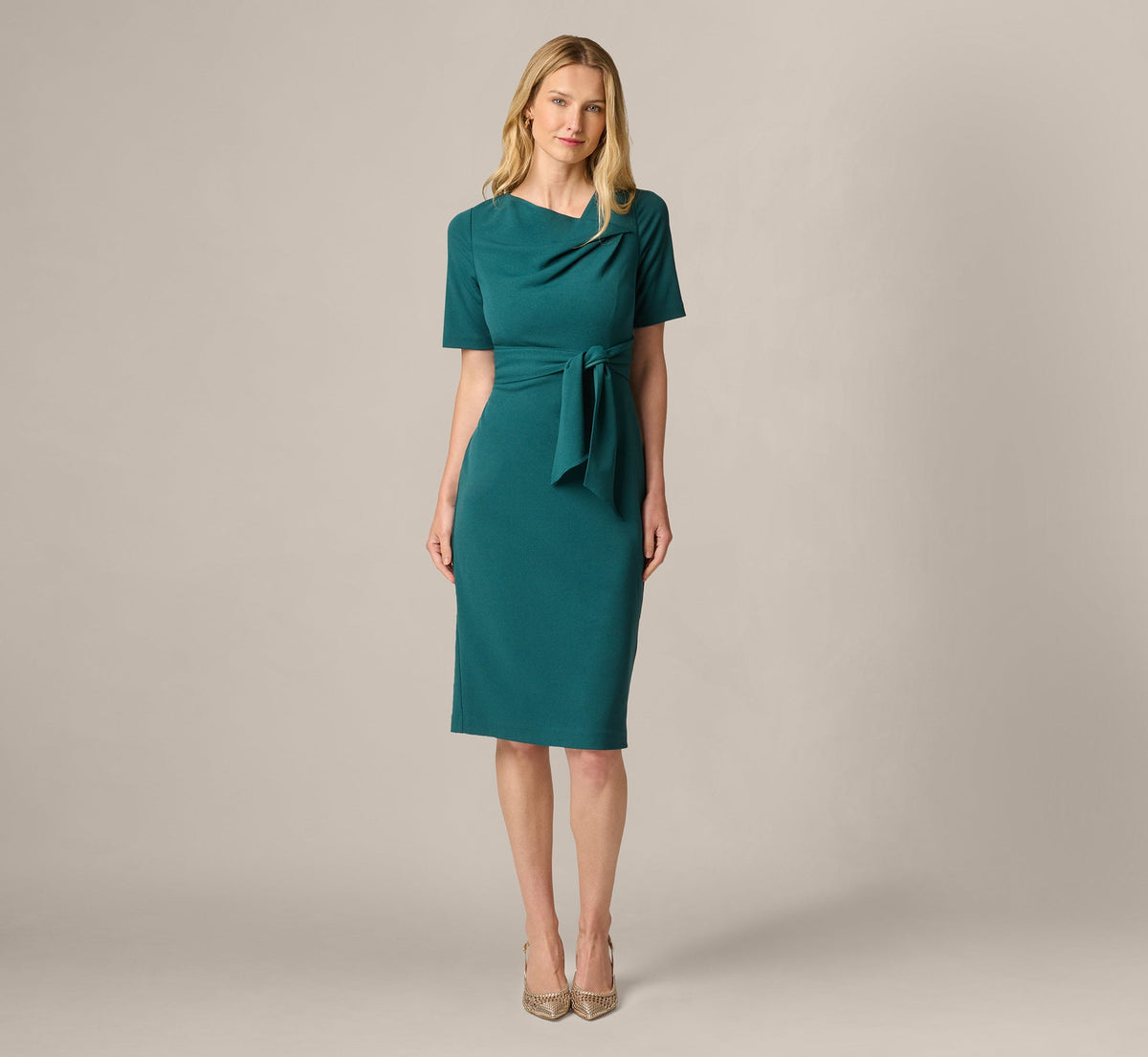 Short Sleeve Asymmetrical Tie Front Stretch Sheath Dress - Hunter | Adrianna Papell