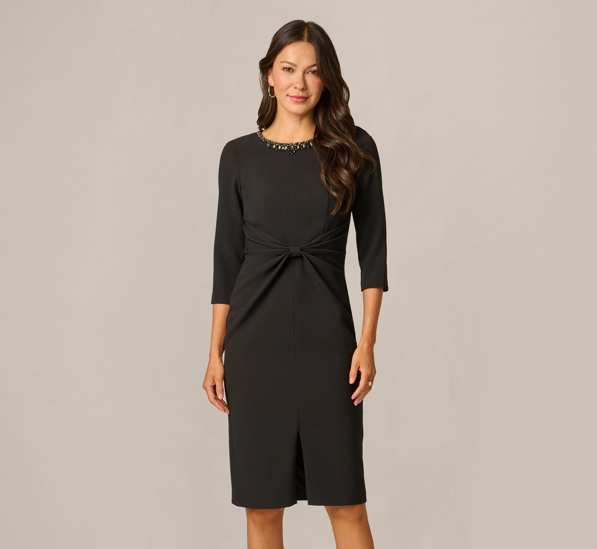 Three Quarter Sleeve Beaded Collar Sheath Dress - Black | Adrianna Papell