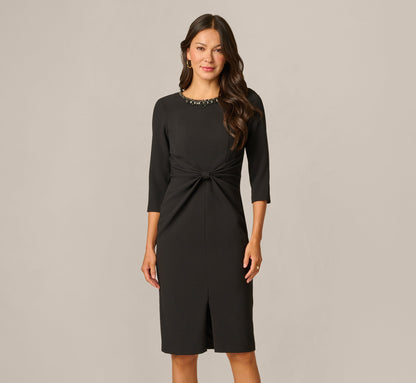 Three Quarter Sleeve Beaded Collar Sheath Dress - Black | Adrianna Papell