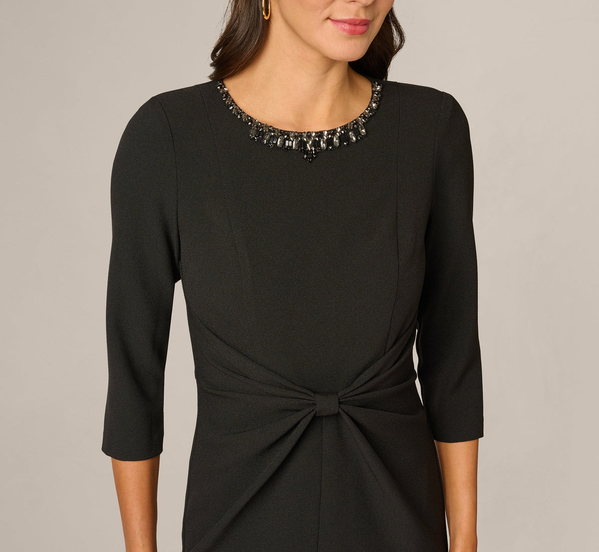Three Quarter Sleeve Beaded Collar Sheath Dress - Black | Adrianna Papell