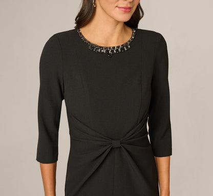 Three Quarter Sleeve Beaded Collar Sheath Dress - Black | Adrianna Papell