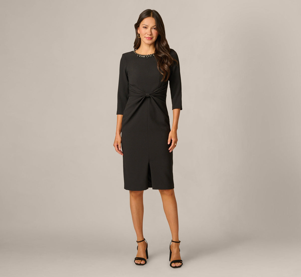 Three Quarter Sleeve Beaded Collar Sheath Dress - Black | Adrianna Papell