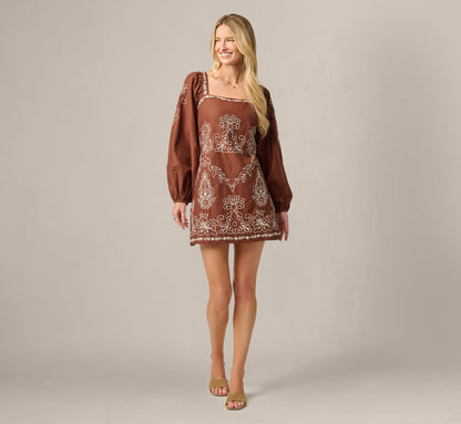 Long Sleeve Embroidered Cotton Mini Dress - Chocolate Ecru | Adrianna Papell