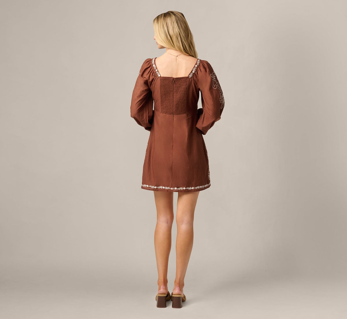 Long Sleeve Embroidered Cotton Mini Dress - Chocolate Ecru | Adrianna Papell