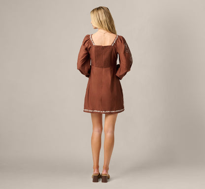 Long Sleeve Embroidered Cotton Mini Dress - Chocolate Ecru | Adrianna Papell