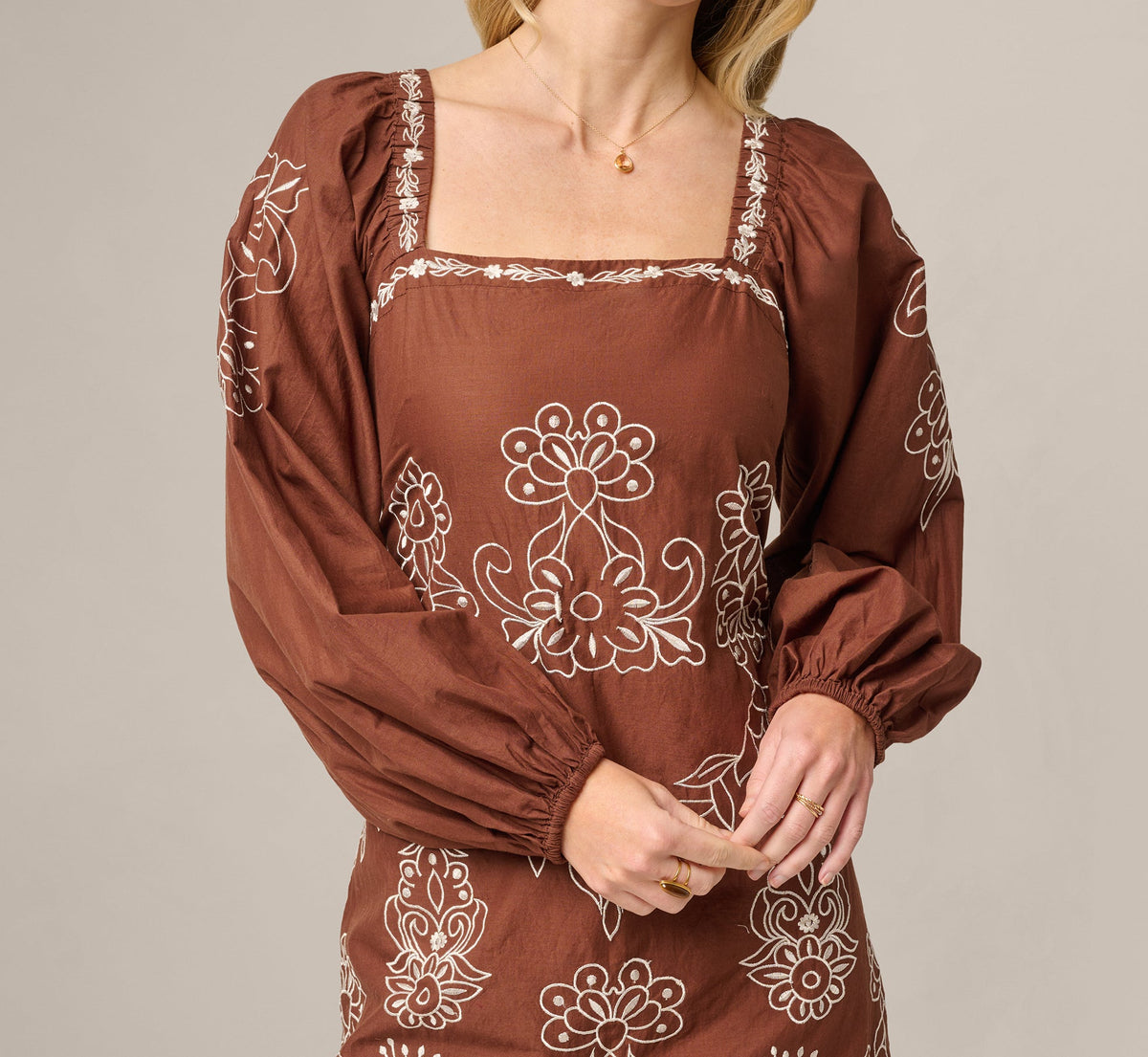 Long Sleeve Embroidered Cotton Mini Dress - Chocolate Ecru | Adrianna Papell