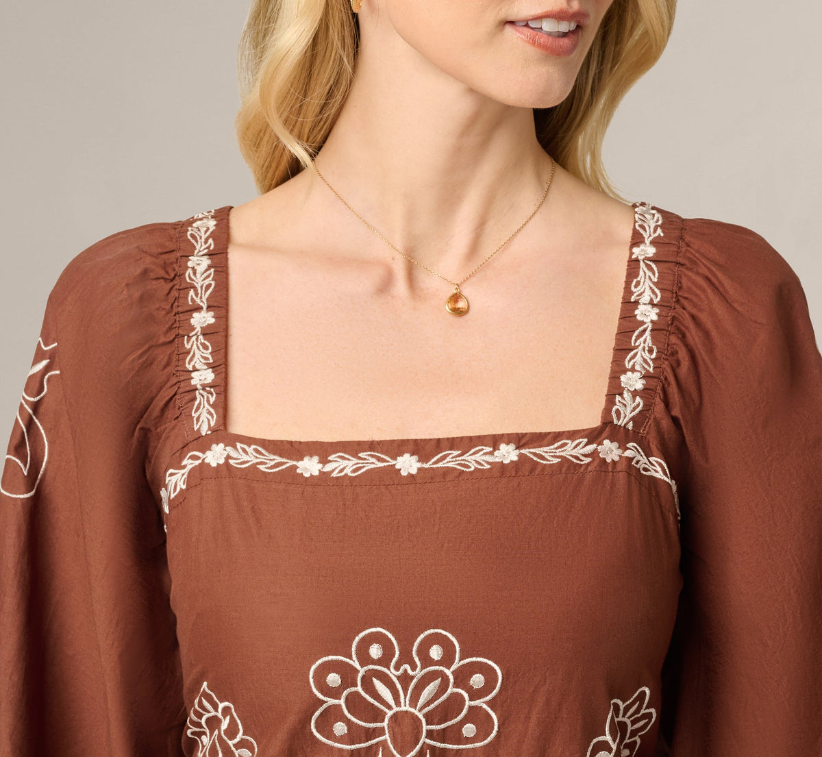 Long Sleeve Embroidered Cotton Mini Dress - Chocolate Ecru | Adrianna Papell