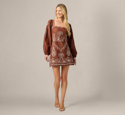 Long Sleeve Embroidered Cotton Mini Dress - Chocolate Ecru | Adrianna Papell