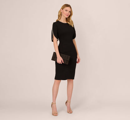 Crepe Midi Length Sheath Dress With Pearly Trim - Black | Adrianna Papell