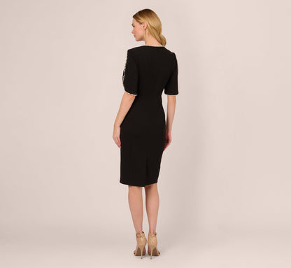 Crepe Midi Length Sheath Dress With Pearly Trim - Black | Adrianna Papell