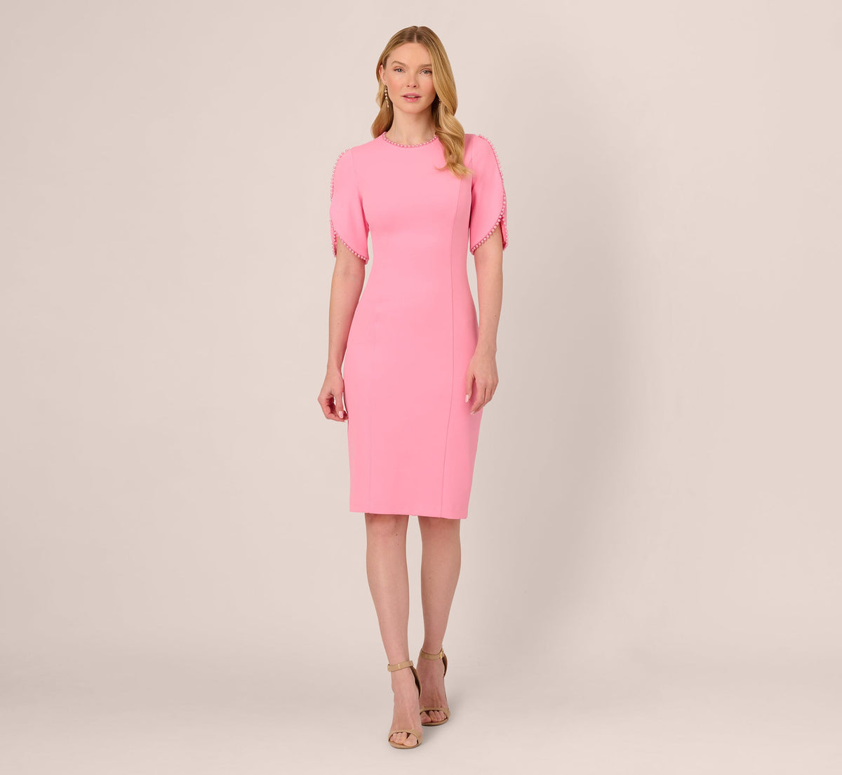 Crepe Midi Length Sheath Dress With Pearly Trim - Cherry Blossom | Adrianna Papell