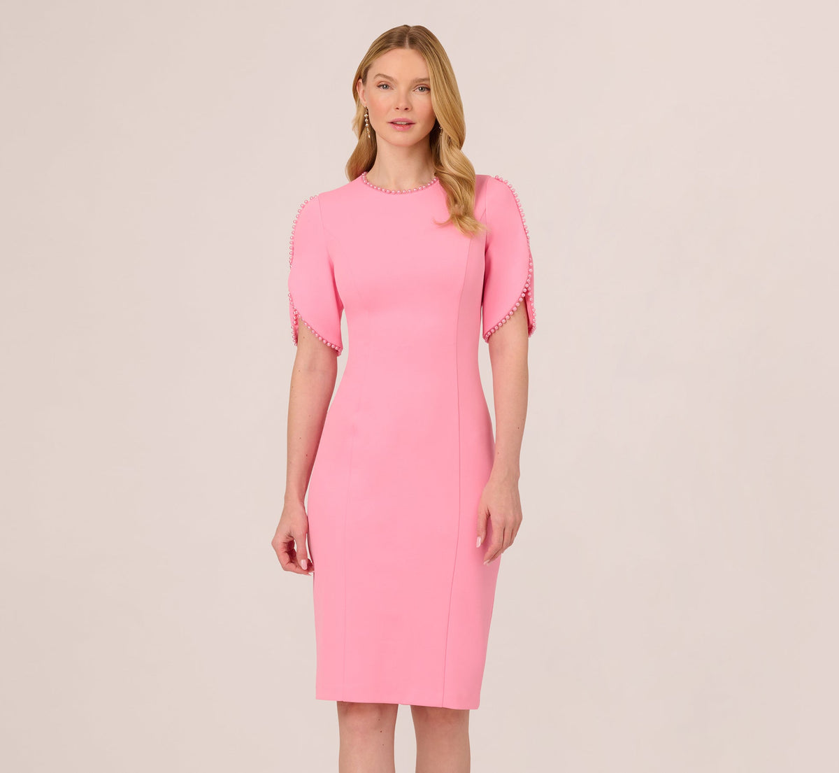 Crepe Midi Length Sheath Dress With Pearly Trim - Cherry Blossom | Adrianna Papell