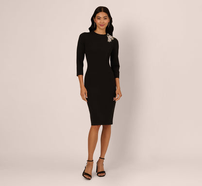 Three Quarter Sleeve Floral Applique Sheath Dress - Black | Adrianna Papell