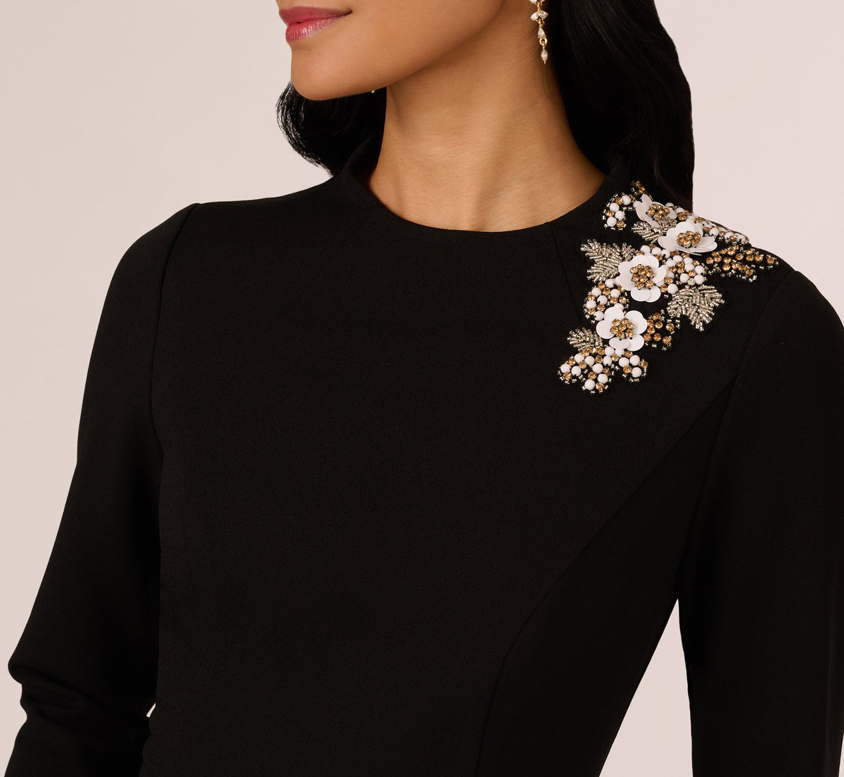 Three Quarter Sleeve Floral Applique Sheath Dress - Black | Adrianna Papell