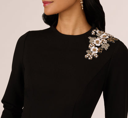 Three Quarter Sleeve Floral Applique Sheath Dress - Black | Adrianna Papell