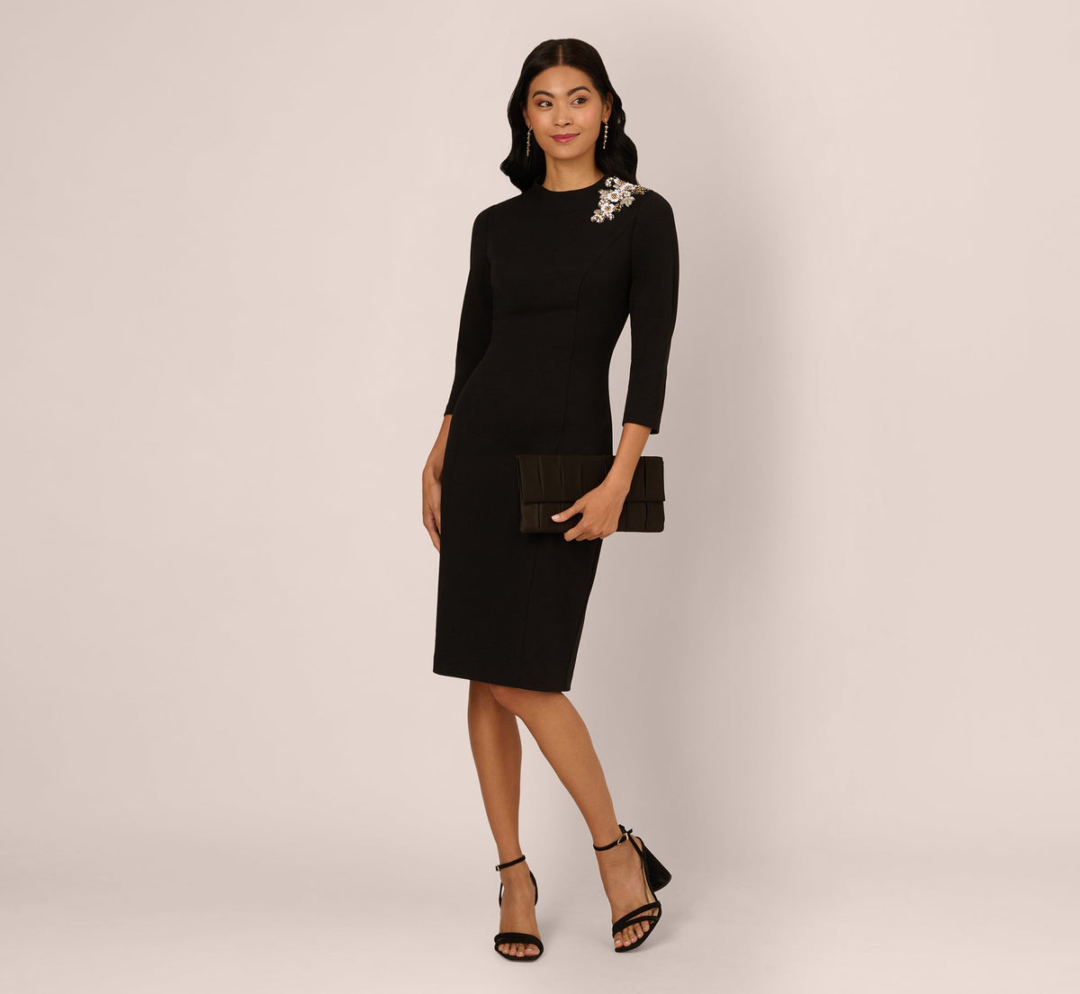 Three Quarter Sleeve Floral Applique Sheath Dress - Black | Adrianna Papell