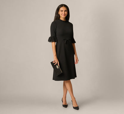 Bell Sleeve Bow Front Ruffle Midi Dress - Black | Adrianna Papell