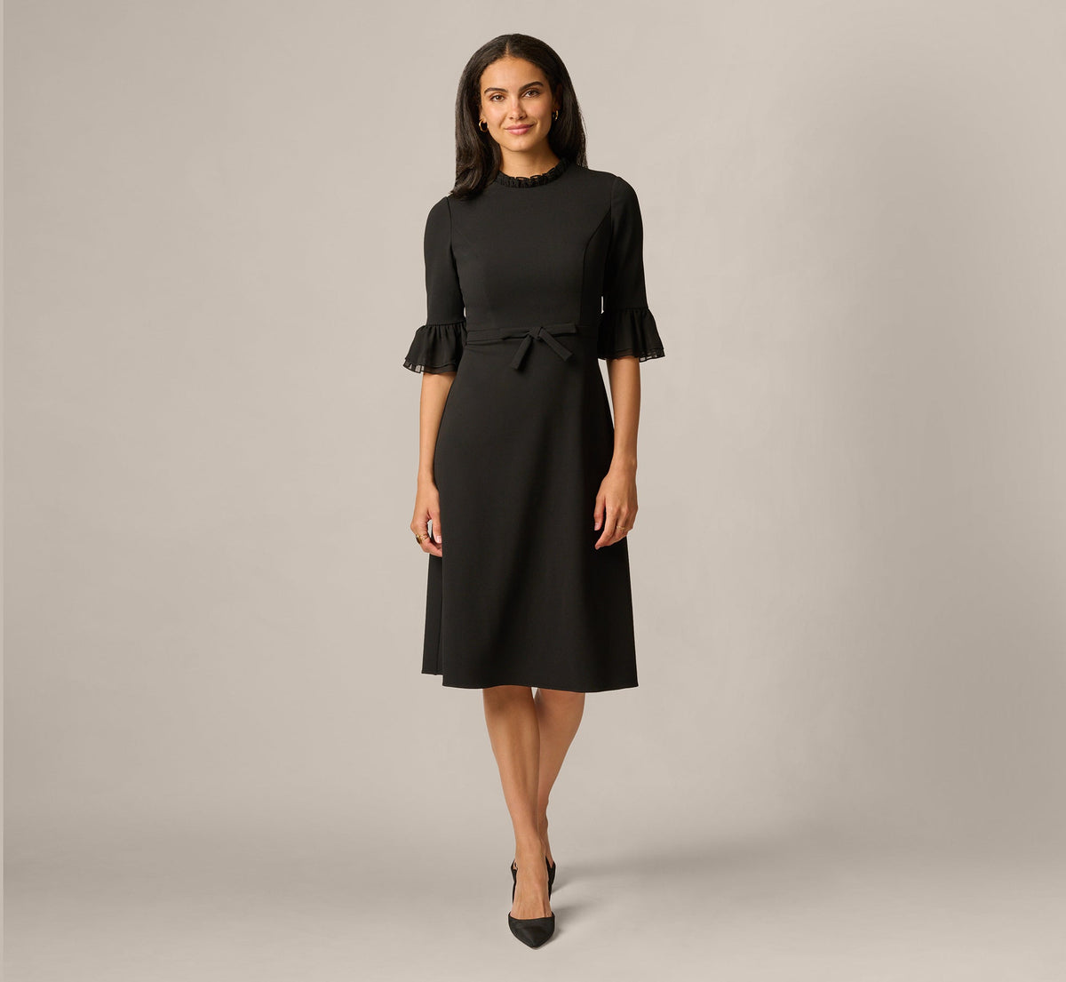 Bell Sleeve Bow Front Ruffle Midi Dress - Black | Adrianna Papell