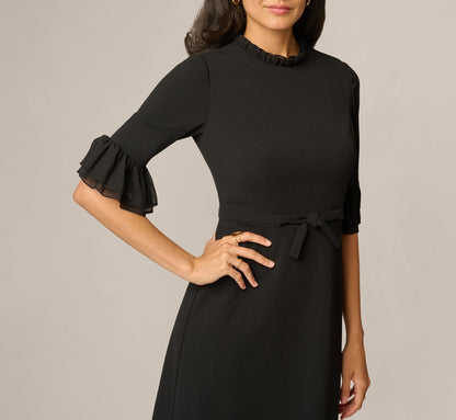 Bell Sleeve Bow Front Ruffle Midi Dress - Black | Adrianna Papell