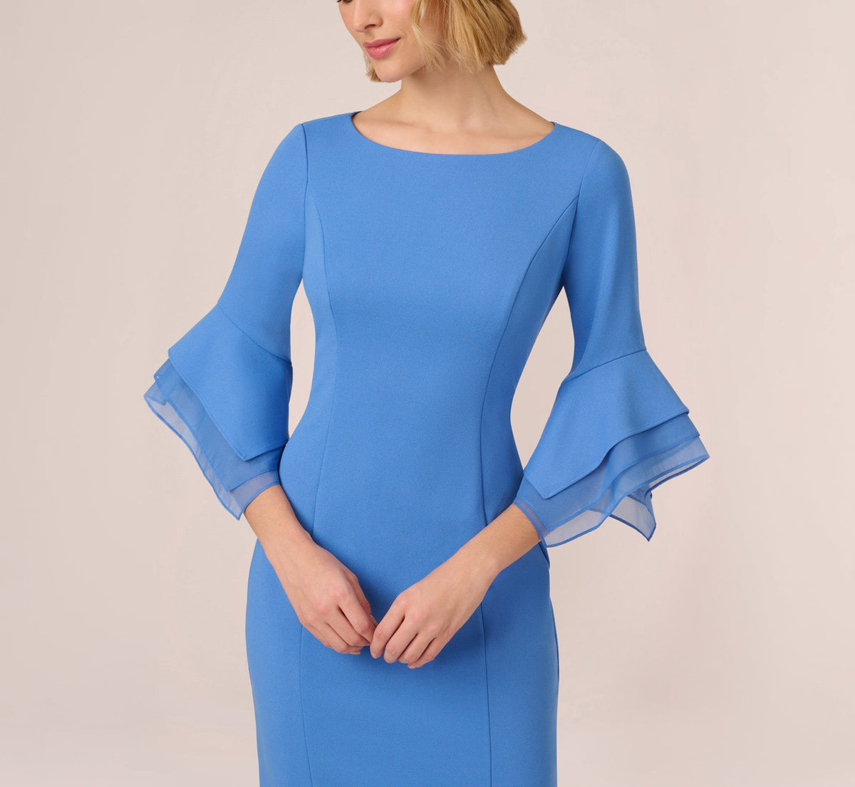 Knit Crepe Sheath Dress With Tiered Three Quarter Sleeves - Cool Water | Adrianna Papell