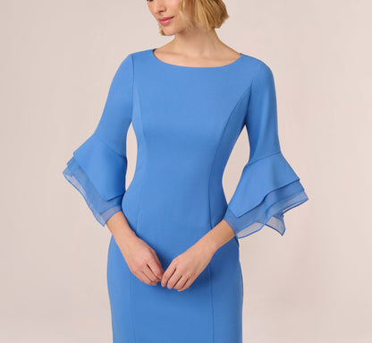 Knit Crepe Sheath Dress With Tiered Three Quarter Sleeves - Cool Water | Adrianna Papell